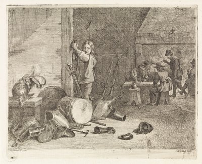 Interieur met jongen bij een trom en wapenrusting door Philippe Lambert Joseph Spruyt