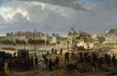 Scène van een oproer bij de Archevêché brug, in 1849 door Philippe Marie Chaperon