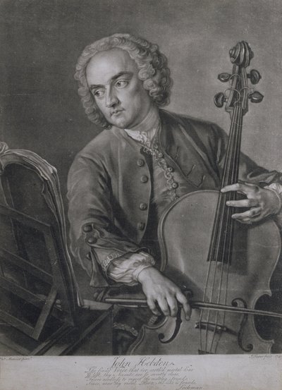 Portret van John Hebden (fl.1740-60), een cellist in het orkest van Handel, gegraveerd door John Faber (1684-1756), 1741 door Philippe Mercier