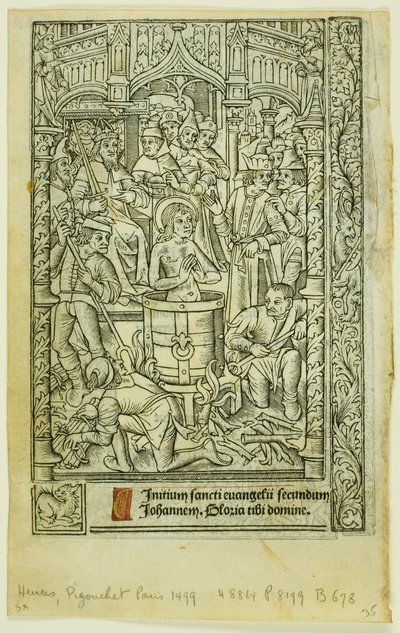 Het Martelaarschap van Sint Johannes de Evangelist (recto), en December Kalender (verso), uit Getijdenboek door Philippe Pigouchet