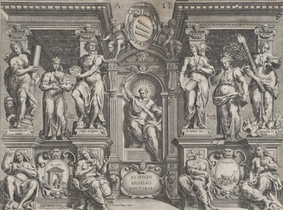 Allegorische stelling met verschillende figuren, geplaatst in een architectonische structuur door Philippe Thomassin