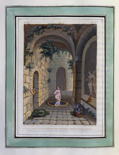 Chloe wast zich in de fontein van de nimfen in aanwezigheid van Daphnis. Tekening van Philippe d