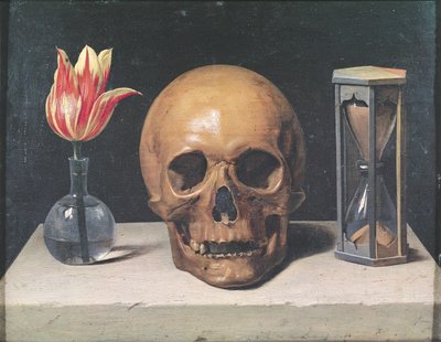 Vanitas stilleven met een tulp, schedel en zandloper door Philippe de Champaigne
