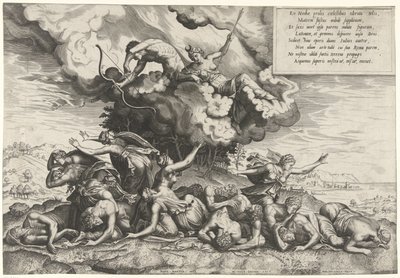Apollo en Diana doden de kinderen van Niobe door Philips Galle