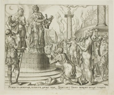 Judith toont het hoofd van Holofernes aan de mensen van Bethulia, plaat zeven uit Het verhaal van Judith en Holofernes door Philips Galle