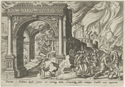 Loth en zijn familie verlaten de stad Sodom door Philips Galle