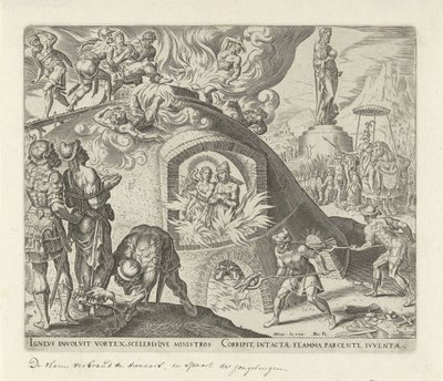 Sadrach, Mesach en Abednego worden in het vuur gegooid Geschiedenis van Sadrach, Mesach en Abednego door Philips Galle