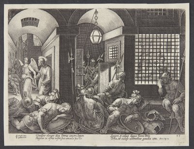 Sint Petrus bevrijd uit de gevangenis door de engel door Philips Galle