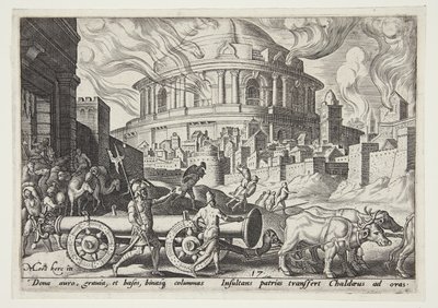 De Chaldeeën nemen de zuilen van de tempel van Jeruzalem mee door Philips Galle