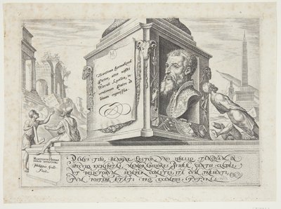 Titel, in het midden het portret van Heemskerck door Philips Galle