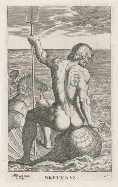 Zeegod Neptunus Neptvnvs Rivier- en zeegoden Semideorum Marinorum amnicorumque sigillariae imagines perelegantes (serie) door Philips Galle