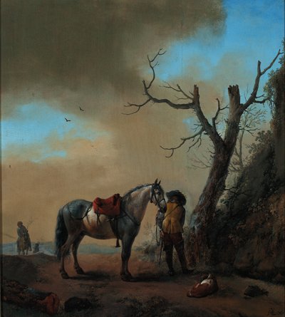 Landschap met een wit paard en afgestegen ruiter, ca. 1647 door Philips Wouwerman