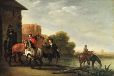 Ruiters die hun paarden drenken door Philips Wouwermans or Wouvermans
