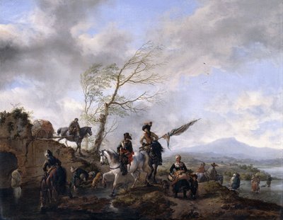 Een Uitgebreid Rivierlandschap met Soldaten en een Vaandeldrager die hun Paarden Water geven door Philips Wouwerman