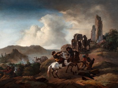 Bandieten die reizigers overvallen op een pad in een Italiaans landschap, ca.1640-50 door Philips Wouwermans or Wouwerman