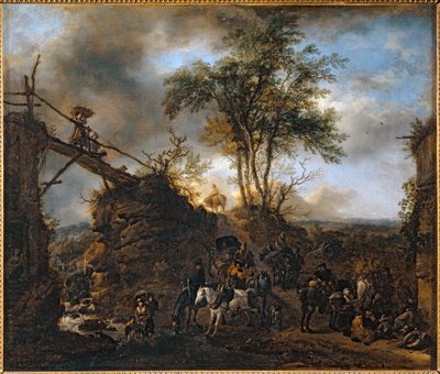Houten brug over de rivier ... door Philips Wouwermans or Wouwerman