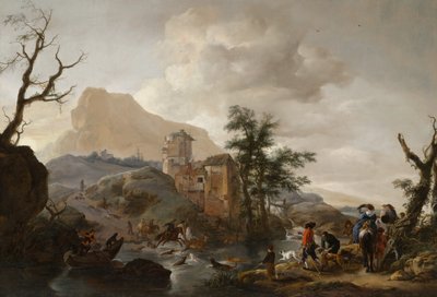 Hertenjacht in een rivier door Philips Wouwerman