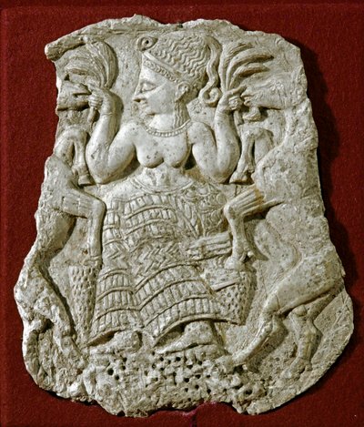 Fenische kunst: gesneden ivoren pyxide deksel, voorstelling van een Myceense vruchtbaarheidsgodin die geiten voedt door Phoenician
