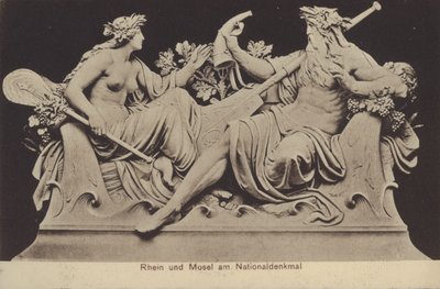 Allegorische figuren die de Rijn en de Moezel vertegenwoordigen op het Nationaldenkmal, monument ter herdenking van de eenwording van Duitsland, Rudesheim am Rhein, Hessen door Photographer German