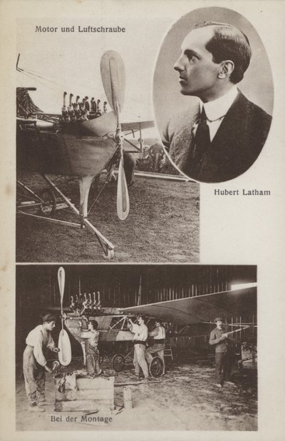 Franse vliegenier Hubert Latham en zijn vliegtuig door Photographer German