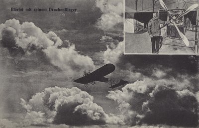 Franse vliegenier Louis Bleriot en zijn eenvleugelvliegtuig door Photographer German
