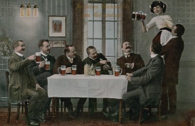 Ansichtkaart van Duitsers die bier drinken en plezier hebben met de serveerster, verzonden in 1913 door Photographer German
