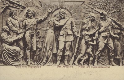 Het afscheid, reliëf op het Nationaldenkmal, monument ter herdenking van de eenwording van Duitsland, Rüdesheim am Rhein, Hessen (zw/w foto) door Photographer German