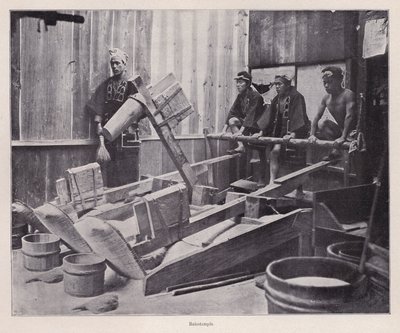 Rijst pellen of rijstmeel maken met een rijststamper, Japan door Photographer Japanese