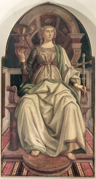 Geloof, uit een serie panelen die de Deugden uitbeelden, ontworpen voor de Raadskamer van de Koopmansgildehal, 1469 door Piero del Pollaiolo