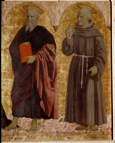 Polyptiek van Barmhartigheid: de Maagd van Barmhartigheid, omringd door heiligen (detail) door Piero della Francesca