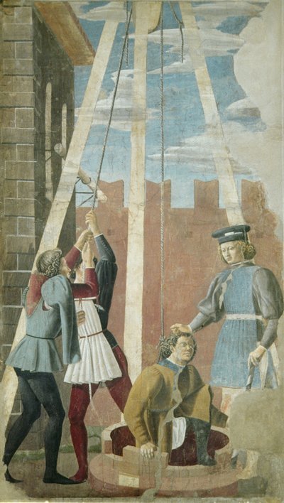 Marteling van de Jood: Judas wordt uit de put getrokken, uit de Ware Kruis Cyclus, voltooid 1464 door Piero della Francesca