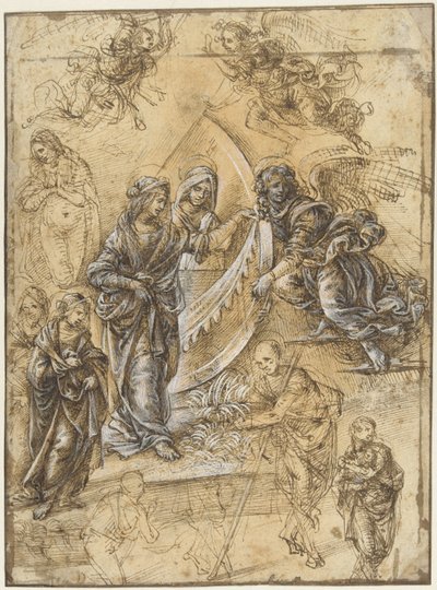 Studieblad met de Maagd Maria, Heiligen, Engelen en Figuren uit de Aanbidding der Wijzen door Piero di Cosimo (attributed to)