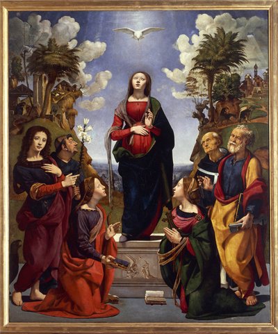 Onbevlekte ontvangenis omringd door heiligen door Piero di Cosimo