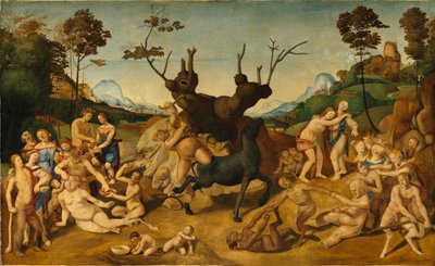 Italiaans: Geschiedenis van Silenos, scène: De tegenspoed van Silenus door Piero di Cosimo