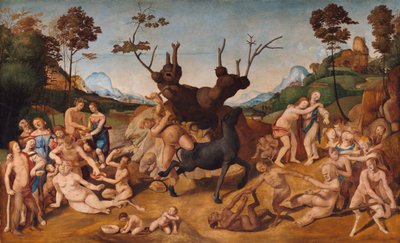 Italiaans: Geschiedenis van Silenos, scène: De tegenspoed van Silenus door Piero di Cosimo
