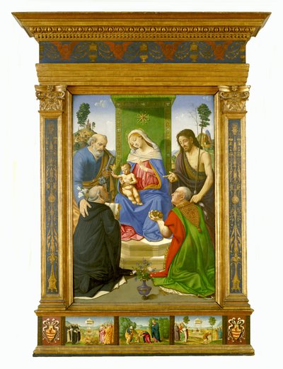 Madonna en kind met de heiligen Petrus, Johannes de Doper, Dominicus en Nicolaas van Bari, ca. 1481-85 (tempera en olieverf op paneel) door Piero di Cosimo