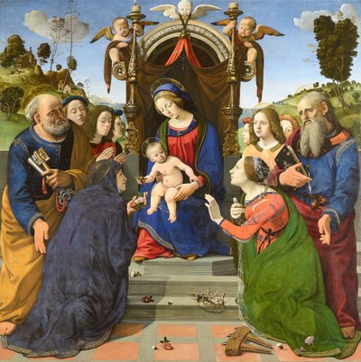 Madonna met kind op de troon met de heiligen Petrus, Johannes de Evangelist, Elizabeth van Hongarije (), Catharina van Alexandrië en engelen door Piero di Cosimo