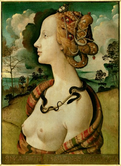 Portret van een vrouw genaamd Simonetta Vespucci door Piero di Cosimo