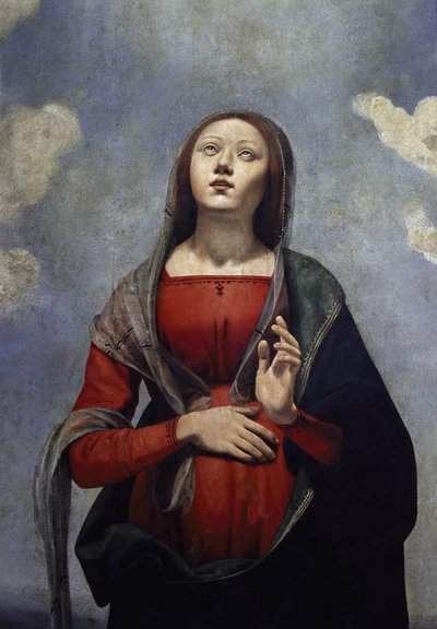 De Maagd Maria met de duif van de Heilige Geest boven haar, omringd door zes heiligen (detail) door Piero di Cosimo