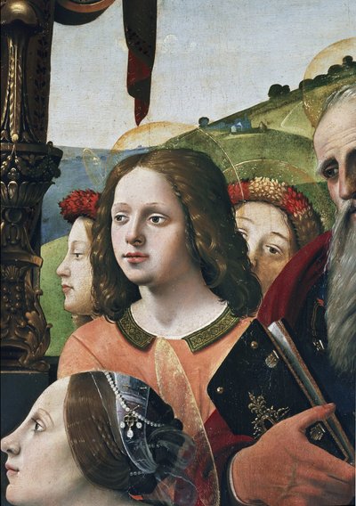 Maagd en Kind op de troon omringd door heiligen (detail) door Piero di Cosimo