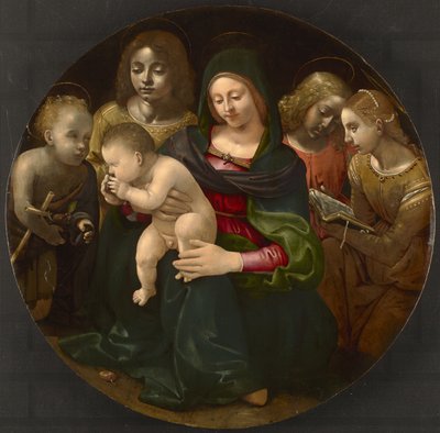 Maagd en kind met de jonge Sint Jan de Doper, Sint Cecilia en engelen, ca. 1505 door Piero di Cosimo
