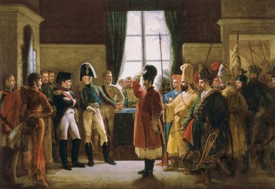 Alexander I gepresenteerd aan Napoleon I, de Kalmukken, de Kozakken en de Basjkieren van het Russische leger op 9 juli door Pierre Nolasque Bergeret