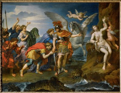 Koningin en koning van Ethiopië bedanken Perseus voor de bevrijding van hun dochter Andromeda ... door Pierre (follower of) Mignard