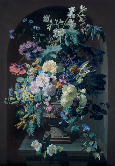 Vaas met bloemen en mimosa