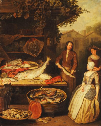 Een Visboer die een Snoek toont aan een Dienstmeid, 1727 door Pierre Angelis or Angillis