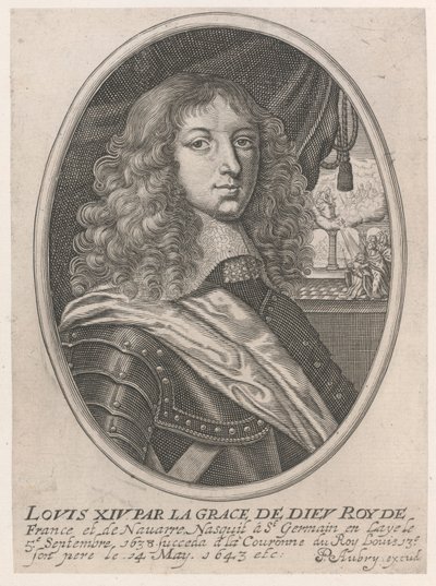 Portret van Lodewijk XIV (Louis XIV par la Grace de Dieu Roy de France et de Navarre) door Pierre Aubry