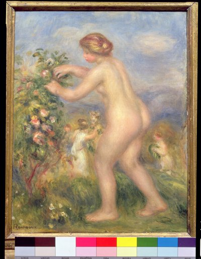 Vrouwelijk naakt plukt bloemen door Pierre Auguste Renoir