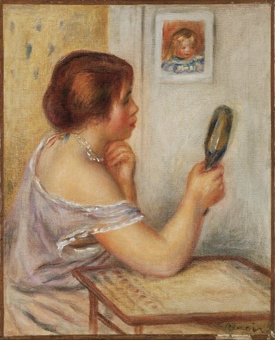 Gabrielle met een spiegel of Marie Dupuis met een spiegel met een portret van Coco, begin 1900s door Pierre Auguste Renoir