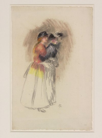 Twee vrouwen lopen naar rechts, ca. 1890 (zwart krijt en pastel) door Pierre Auguste Renoir