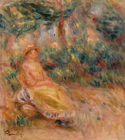 Vrouw in Roze en Geel in een Landschap door Pierre Auguste Renoir